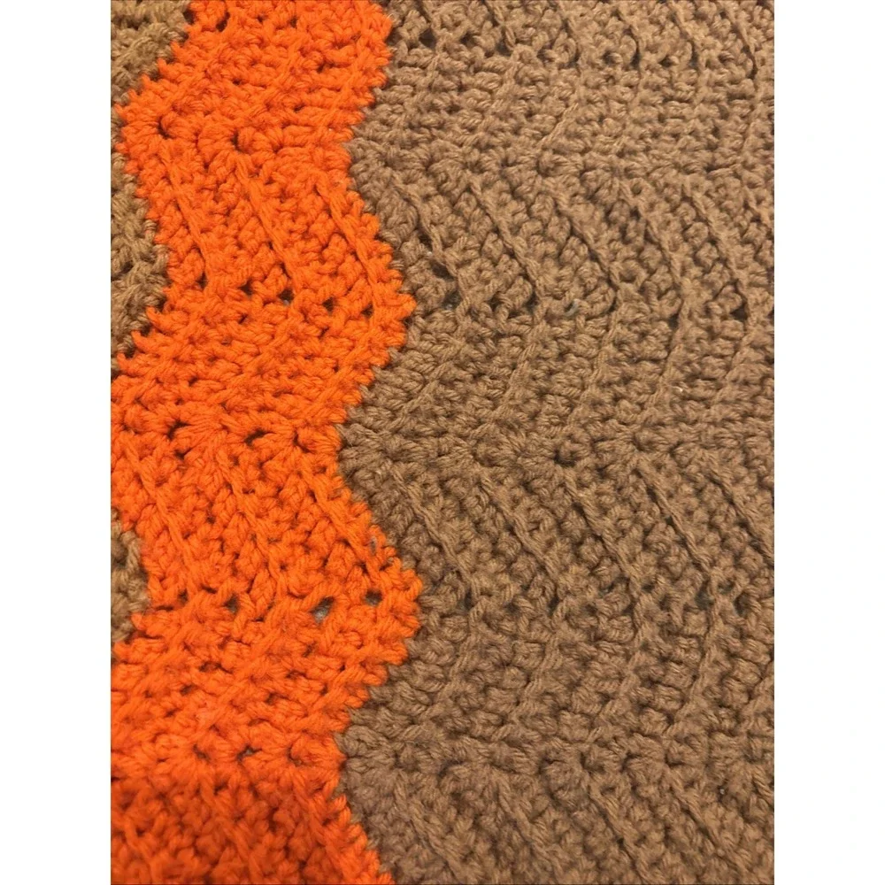 80s Afghan Crochet Throw Retro Handmade Chevron Zig Zag 46x46 Brown Orange Boho